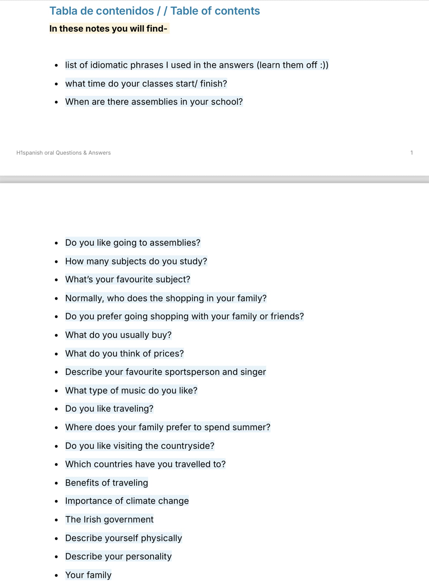 H1spanish oral notes