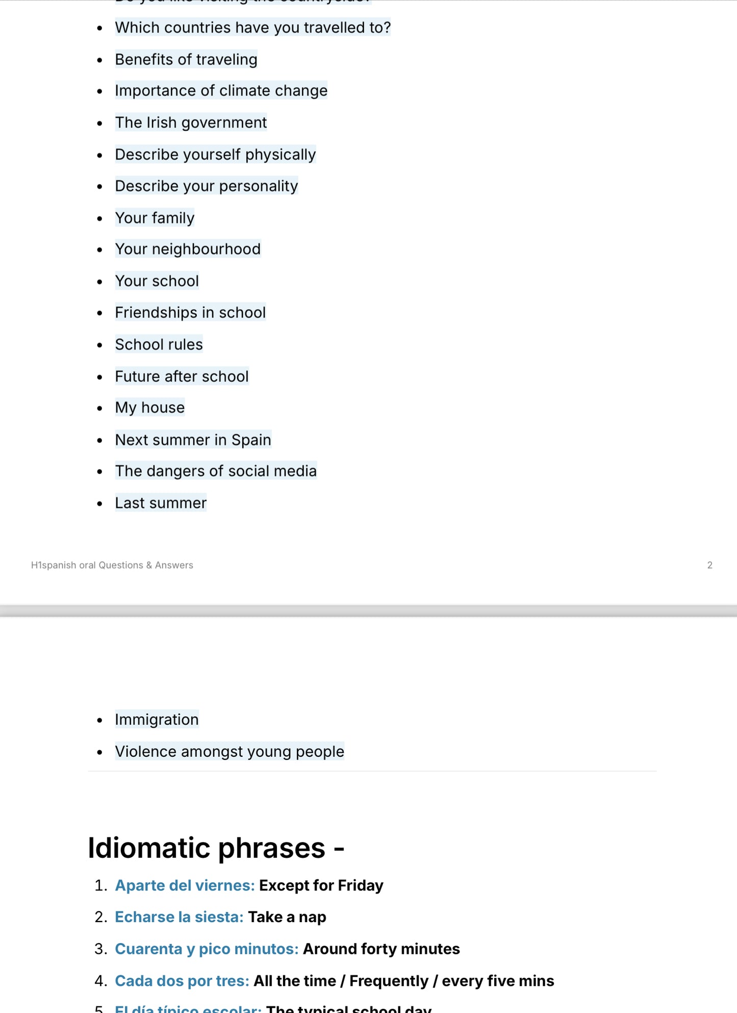 H1spanish oral notes