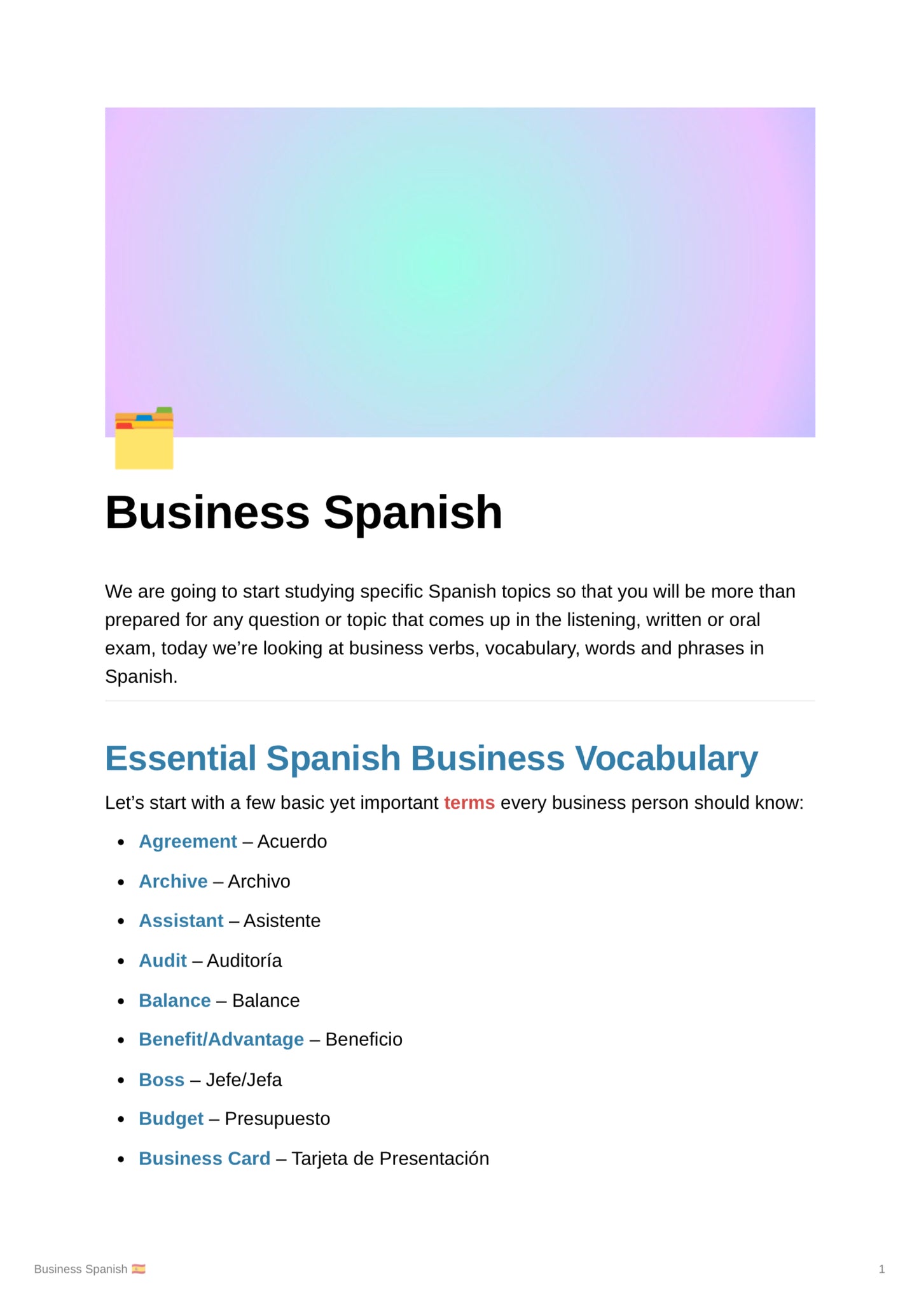 Business Spanish (vocabulary list)